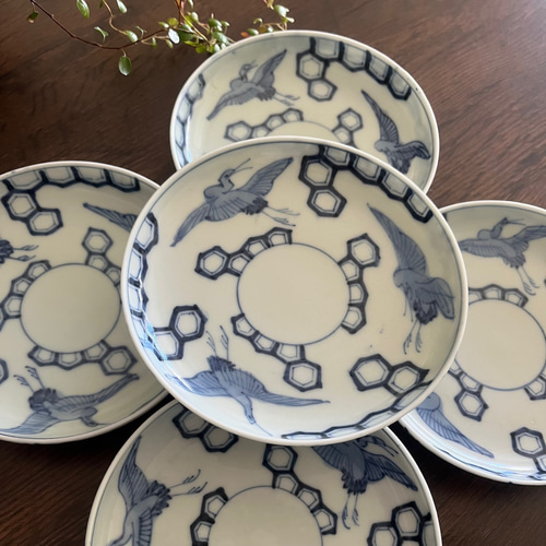 伊万里染付鶴亀甲紋様5寸皿5枚 中皿 antique art nozomi 通販
