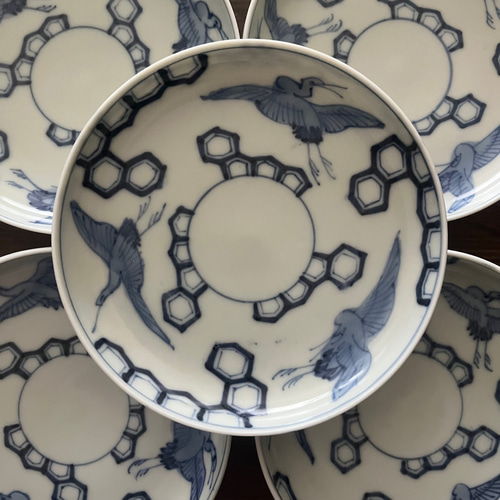 伊万里染付鶴亀甲紋様5寸皿5枚 中皿 antique art nozomi 通販