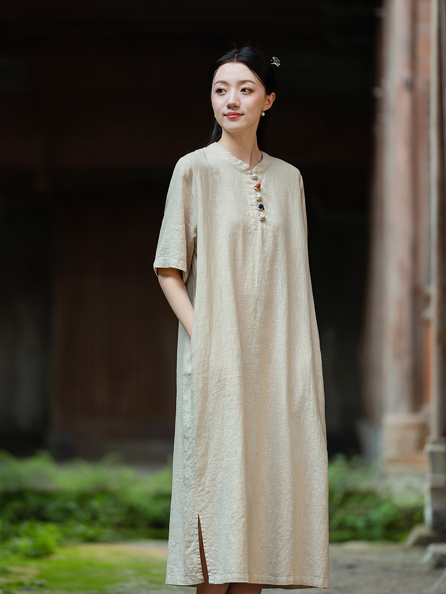 【オリジナルデザイン】綿麻立襟ワンピース