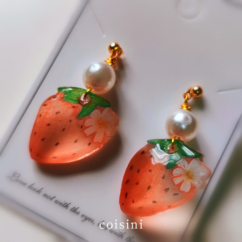 レジンイチゴピアス 苺 パール デザイン アクセサリー（#CM0206