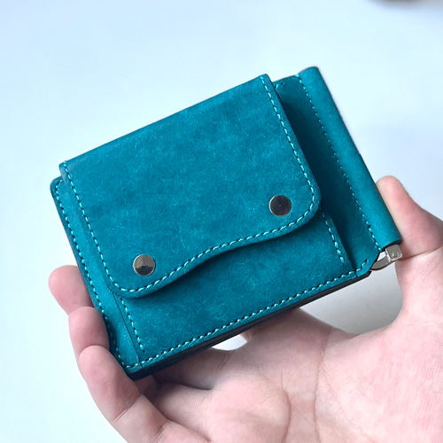 マネークリップ財布（小銭入れ付き【ターコイズ】本革 イタリアン
