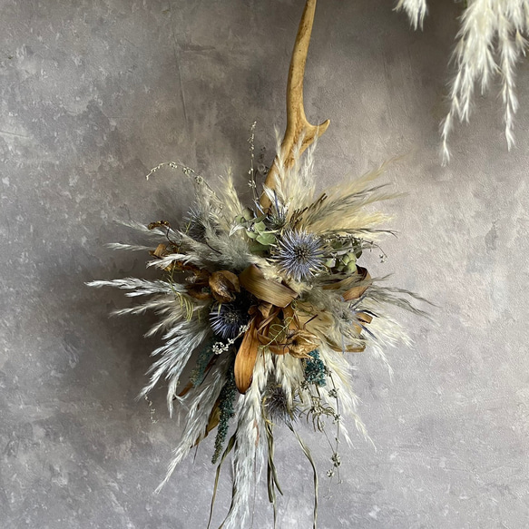 鹿の角とドライフラワーとパンパスグラスの壁掛け＊カッコイイ 6枚目の画像