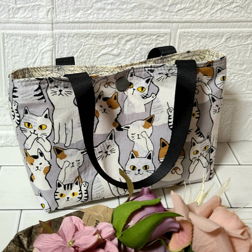 ハンドメイド ミニトートバッグ 猫柄 バッグインバッグ 小物入れ 