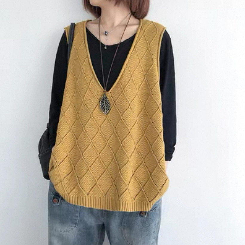 秋の新作、春、冬、ニットベスト、レディース、 ゆったり