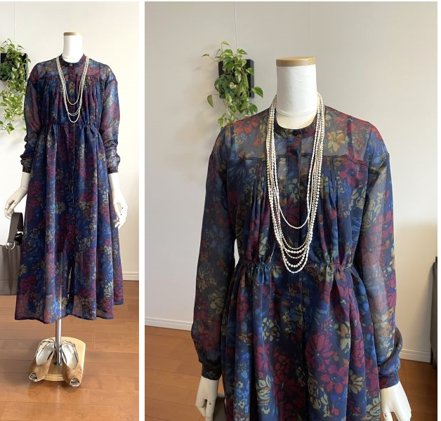 【完成品】5号　ブラウスワンピース(シースルー紺花・長袖・着丈調整無料)