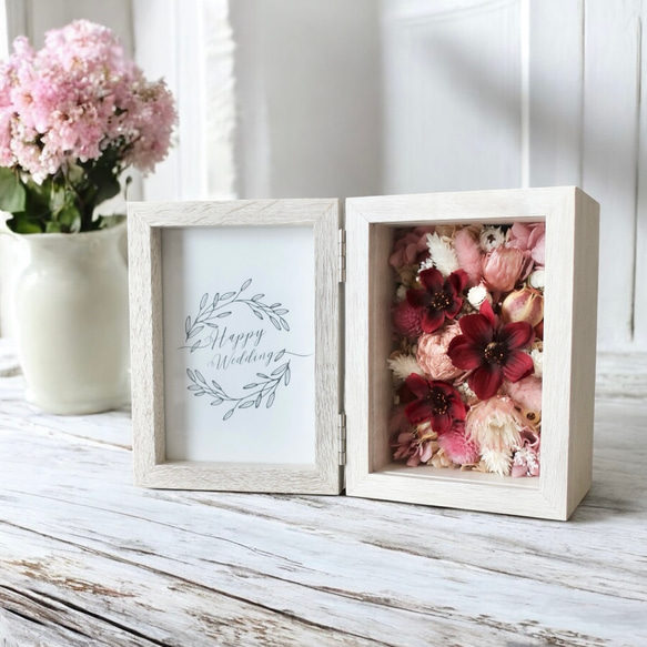 子育て感謝状 両親贈呈品｜コスモスが彩るフォトフレーム（プリザーブド・ドライフラワー／2色展開）結婚式・ウェディング 13枚目の画像