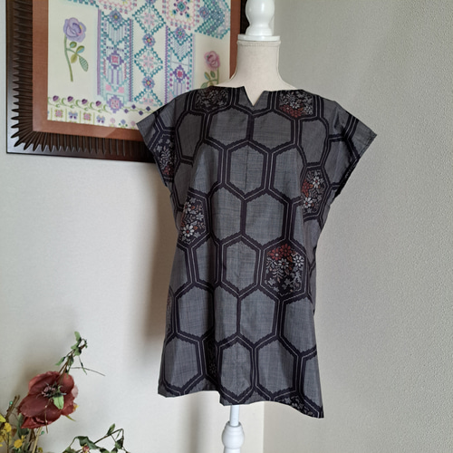 着物リメイク ハンドメイド ブラウスシャツ winepart12 R321 着物リメイク ドーナツ柄浴衣シャツブラウス ブラウス ウサギ