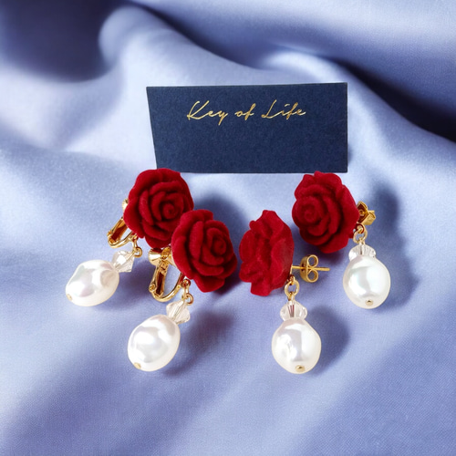 Key of Life【赤い薔薇×バロックパール】金属アレルギー対応
