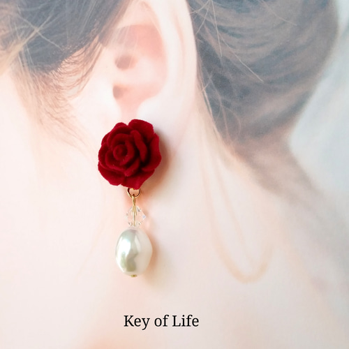 Key of Life【赤い薔薇×バロックパール】金属アレルギー対応