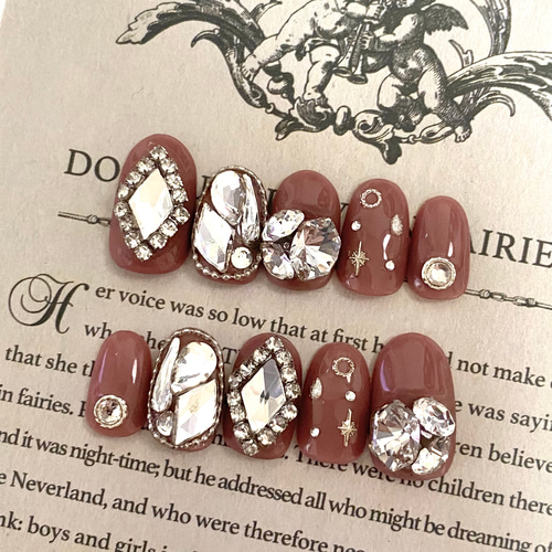 design78】韓国 ピンクブラウンビジューネイルチップ ネイルチップ