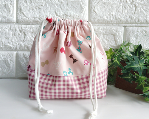 リボン柄お弁当袋セット リボン結びお弁当袋 《ダルメシアン柄×カーキ》選べる口ゴム又は