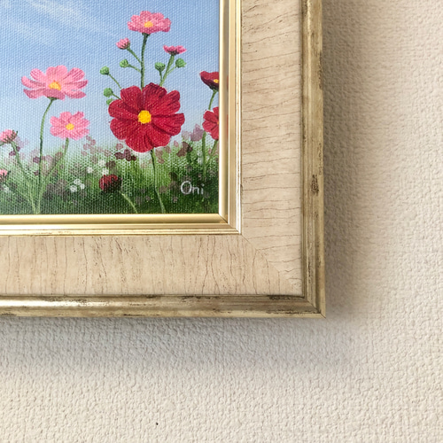 秋空とコスモス」アクリル画 原画 額縁付 キャンバス F0サイズ