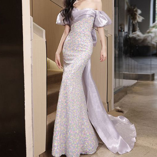 当日発送】花柄リボンパフスリーブマーメイドドレス/パーティードレス/オケージョンドレス/お呼ばれドレス/結婚式ワンピース 花柄リボンパフスリーブマーメイドワンピースドレス結婚式二次会成人式パーティー