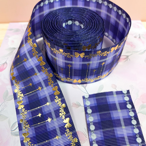 ゴールド箔押しの両面グログランリボン(チェック柄) リボン・テープ