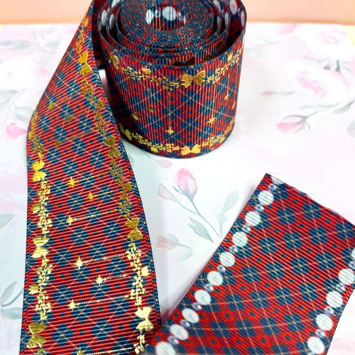 ゴールド箔押しの両面グログランリボン(チェック柄) リボン・テープ