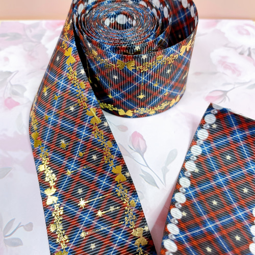 ゴールド箔押しの両面グログランリボン(チェック柄) リボン・テープ