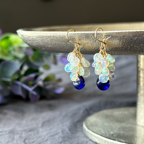 ブルーオブシディアン＆ブルージルコンのピアス他 14kgf ブルー