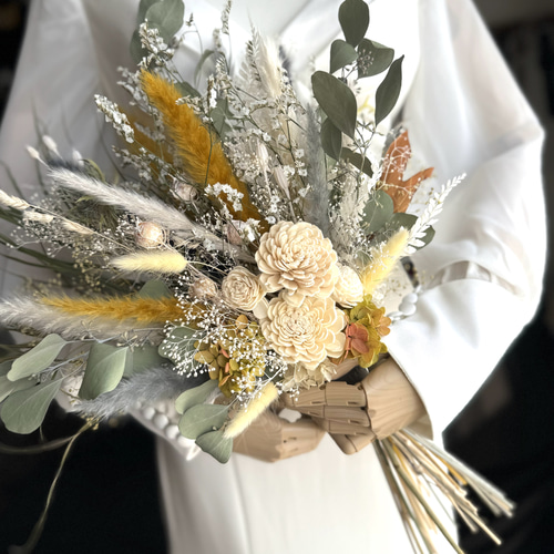 ウェディングブーケ/ドライフラワーブーケ ドライフラワー ウエディングブーケ ブートニア付き 結婚式 前撮り