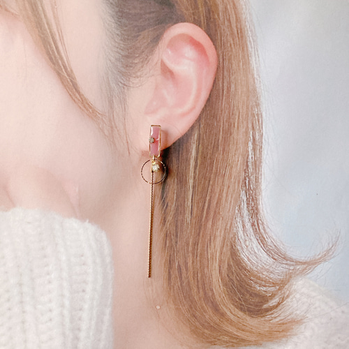 シアーピンク×ダルメシアン アシメ 淡水パール ピアス イヤリング 