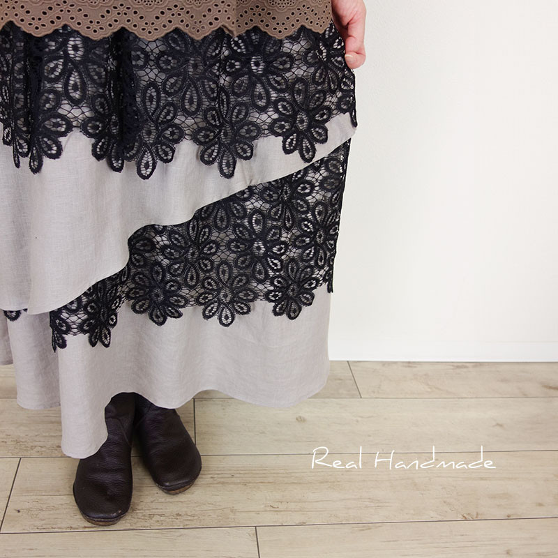 [予約販売] グレイッシュリネンブラックラッセルレースフリルスカート
