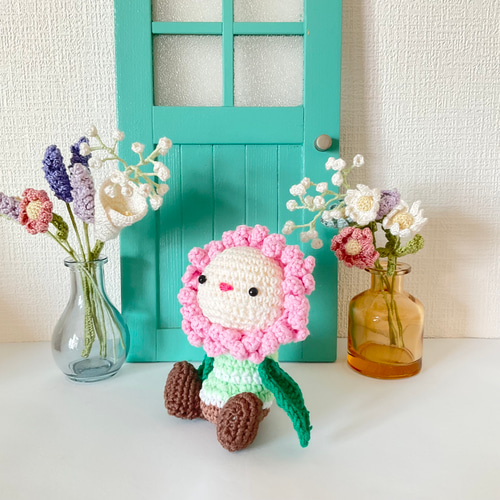 花付きあみぐるみ 花✲花ちゃん あみぐるみ もも色 花 飾り ＊受注製作 あみぐるみ