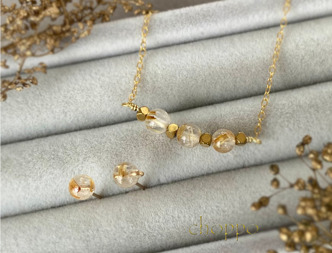 【お年玉セール特価】 ルチルクォーツのネックレス＆ピアス2点セット 天然石 14kgf アクセサリー