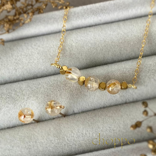 ルチルクォーツのネックレス＆ピアス2点セット 14kgf 天然石