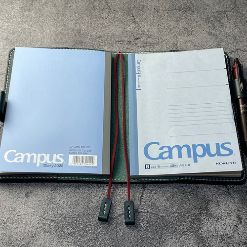 ノートスリーブ ブラック×ネイビー 手縫】CampusB6ノート40〜80枚用ブルーグリーン色本革カバー