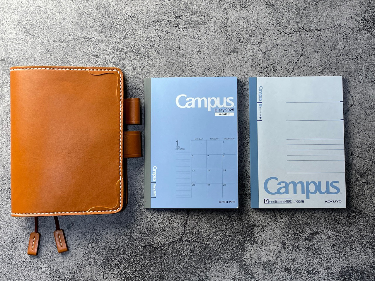 【手縫】CampusA6ダイヤリー&ノート用キャメル色本革カバー（バタフライストッパー） 2本しおり付き