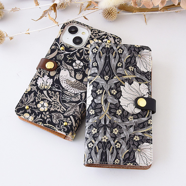 モリス スマホケース 手帳型 本革 ほぼ全機種対応  栃木レザー ウィリアムモリス スマホショルダー いちご泥棒