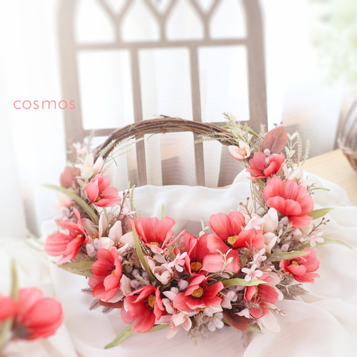 コスモスの三日月リース 「秋限定」❁ ドアリース 秋の模様替え アート