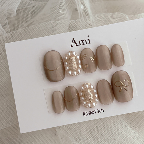 ネイルチップ オーダー ベージュ ブラウン リボン マグネット ハート fe5e76a0b0933d316b2aae23504e5f