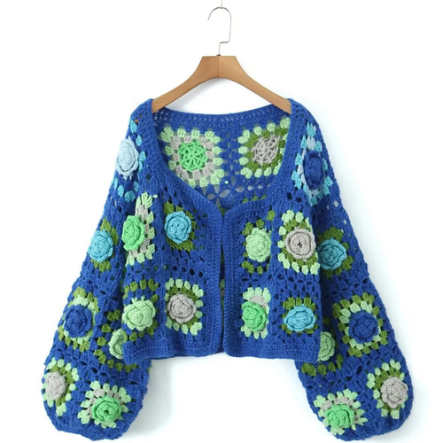 手編み フラワークロシェモチーフ カーディガン かぎ針編み