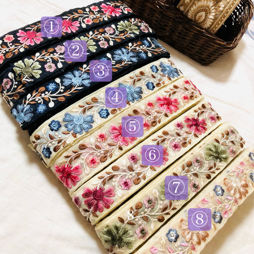 幅約3.5cm】50cm インド刺繍リボン 花柄 オーガンジー リボン・テープ