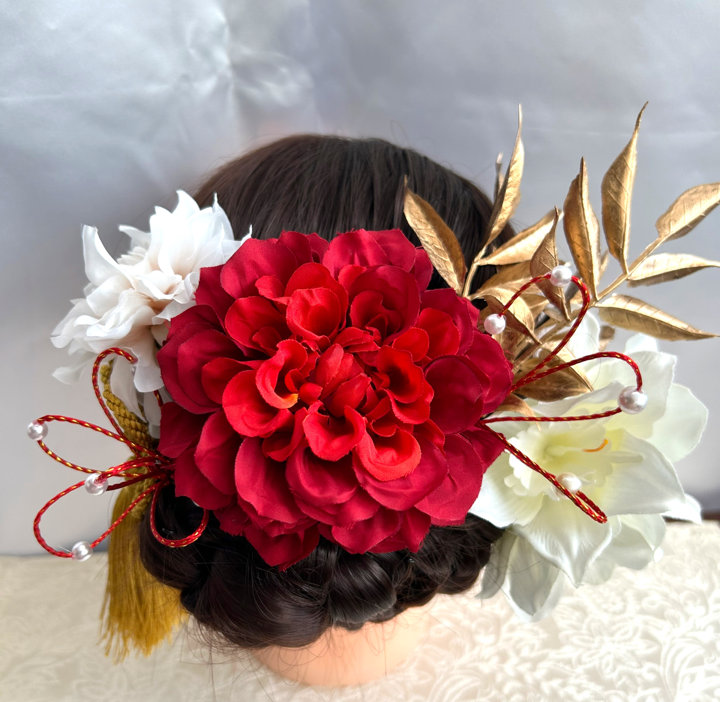 和装髪飾り　赤×白×ゴールド　和モダン豪華七点セット　結婚式　成人式　卒業式　和装ウェディング