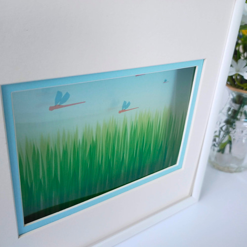 透明紙の立体作品《里山風景》田んぼにトンボ 壁掛け アート 立体 切り