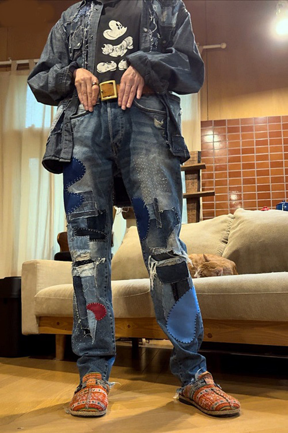 SAYOCAFEリメイクジーンズ、刺し子&パッチ ロングパンツ 衣工房  