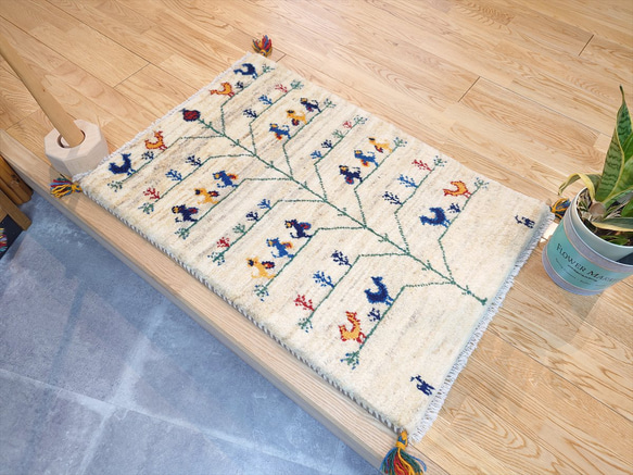 Creema限定目玉品】ペルシャ ギャッベ 玄関マット 88x60cm 鳥
