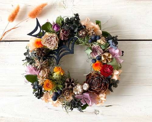 大人シックなハロウィンリース  グレージュのダリア  秋色リース  リース 大人シックなハロウィンリース グレージュのダリア 秋色リース リース