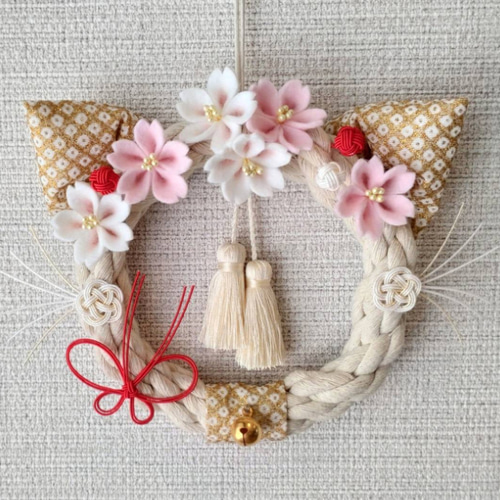 猫耳お正月かざり】 桜 ゴールド 猫耳 猫のリース 桜のリース 雛祭