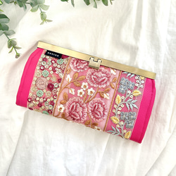 ミモザ・サークル オフ×ピンク 刺繍の上品ウォレット 長財布 がま口