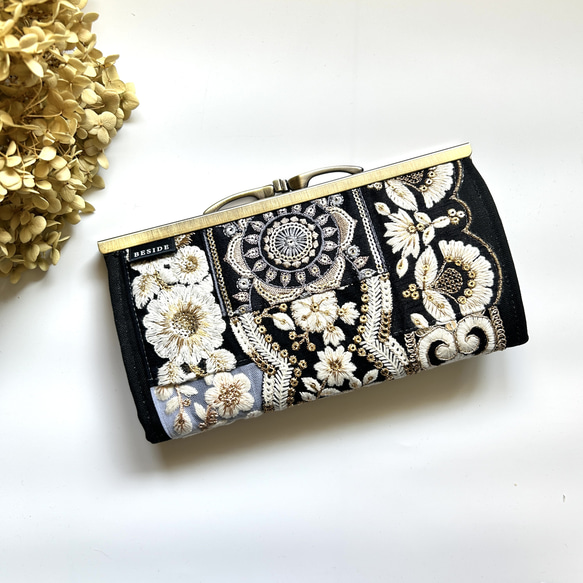 インド刺繍リボン♥二口がま口長財布*ポシェット*ポーチ*ショルダー*ハンドメイド お財布ショルダーバッグ・インド刺繍リボン 財布 長財布 お財布