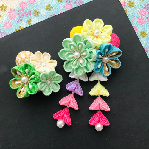 七五三髪飾り 3歳 浴衣 子供 7歳 子供 つまみ細工 緑 グリーン 成人式