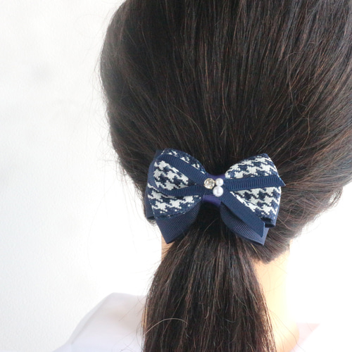 リボン　ヘアゴム♡Canon～カノン～♡千鳥柄グレー♡ハンドメイド 千鳥柄 リボンのヘアゴム (黒/紺) クラシカル 大人 子供 卒業式 入学式