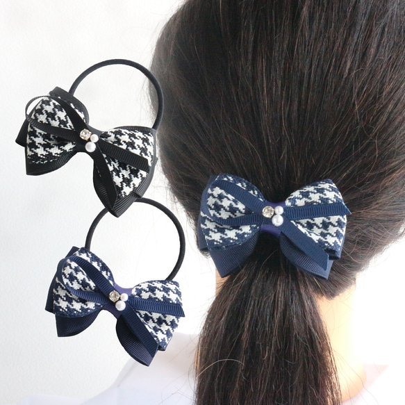 ネイビーホワイト ミニリボン グログランリボン キッズヘアゴム  