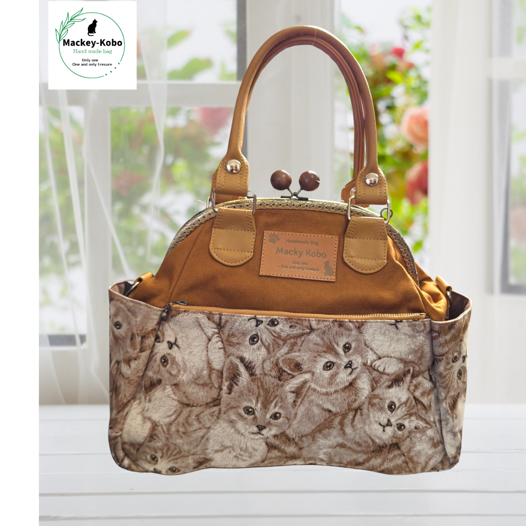 がま口3wayバッグmin【子猫いっぱい:ブラウン】