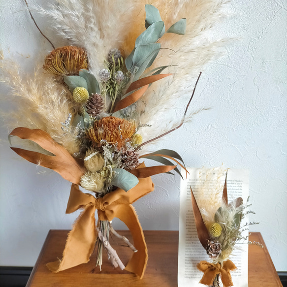 アンティーク調 パンパスグラスのウェディブーケ &ブートニア 前撮り