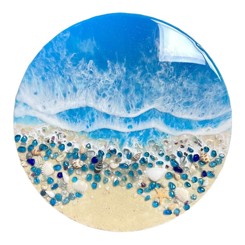 海アート「ガラス石と貝と青の海岸」レジンアート オーシャン