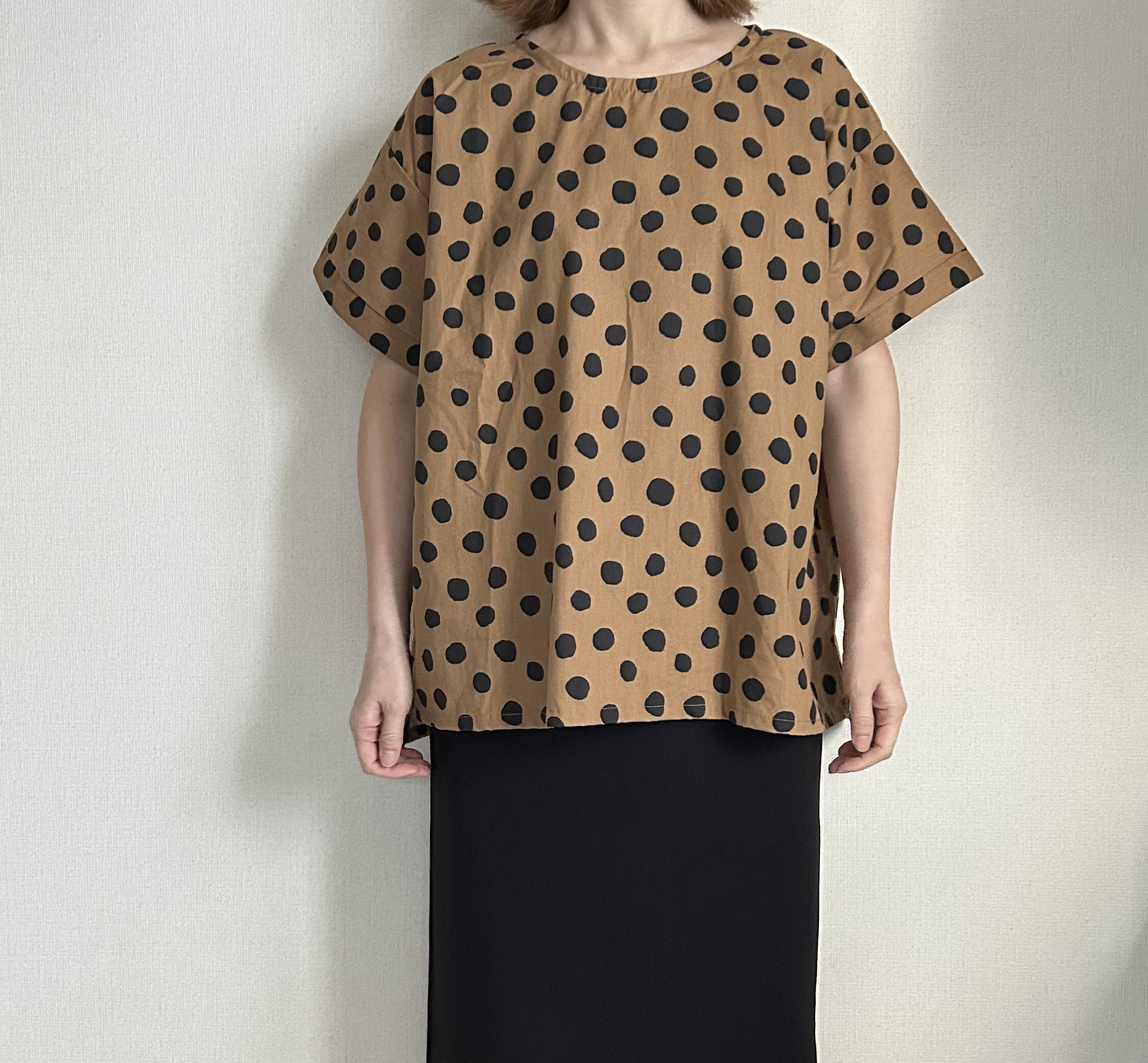 夏秋ブラウンcotton100%ドット柄ゆったりプルオーバー