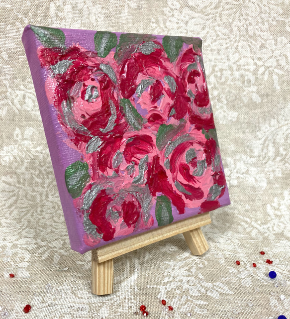 10×10cm 薔薇のミニ絵画、イーゼル付き テクスチャーアート